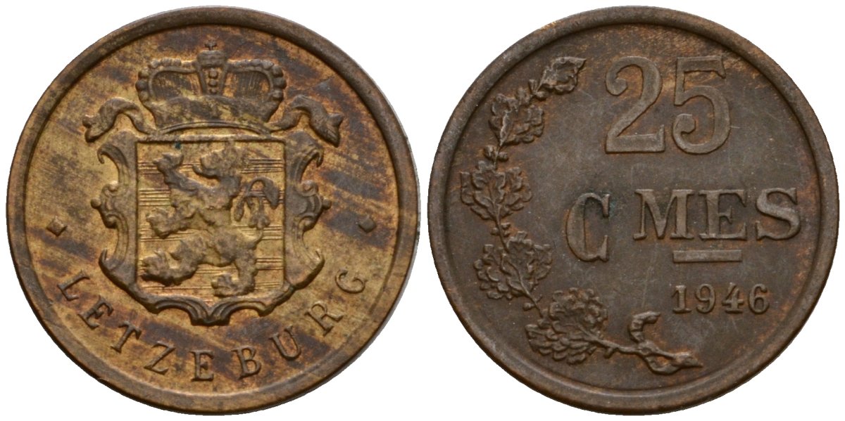 Люксембург 25 сантимов 1946 Шарлотта (1918-1964) KM 45 бронза 4532-244