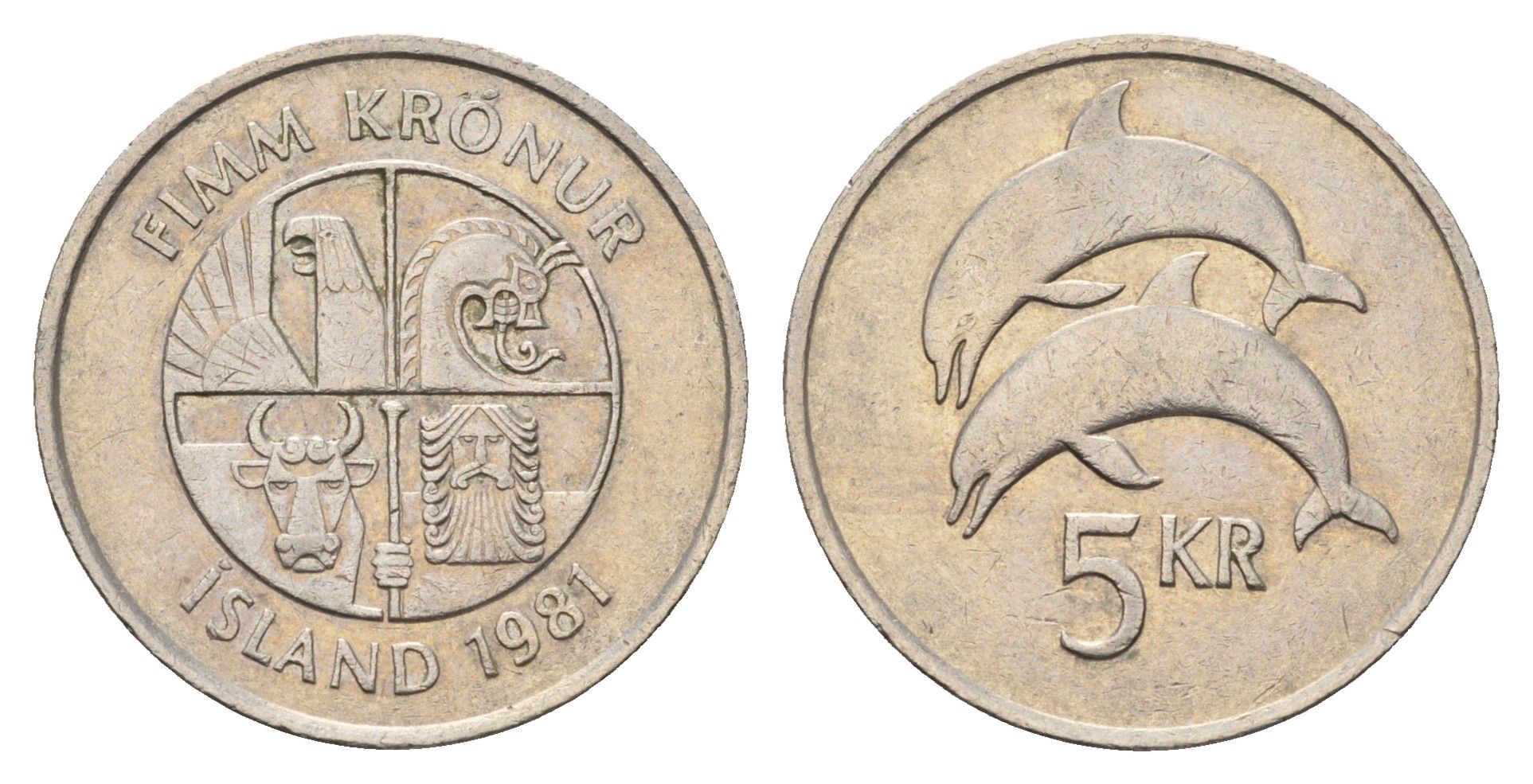 Исландия 5 крон 1981 дельфины KM 28 медно-никель 4591-913