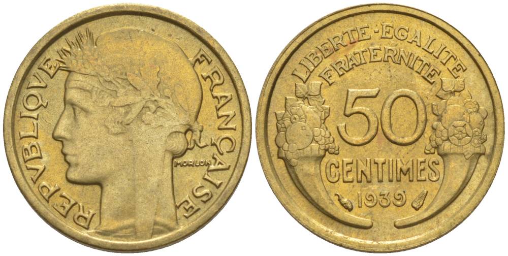 ФРАНЦИЯ 50 САНТИМОВ 1939 ТИП MORLON KM 894.1, LE FRANC 192.15 алюминиевая бронза 44-813