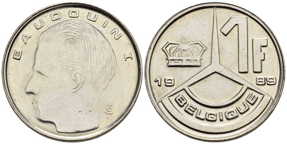 Бельгия 1 франк 1989 Belgique, Бодуэн I (1951-1993) KM 170 железо плакированное никелем 4528-1036