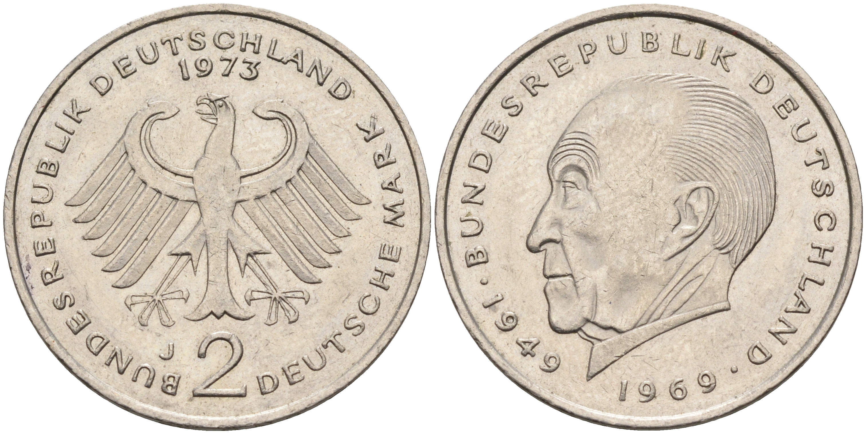 ФРГ 2 марки 1973 J, Конрад Аденауэр J.406  KM 124 медно-никель плакированный никелем    92-826