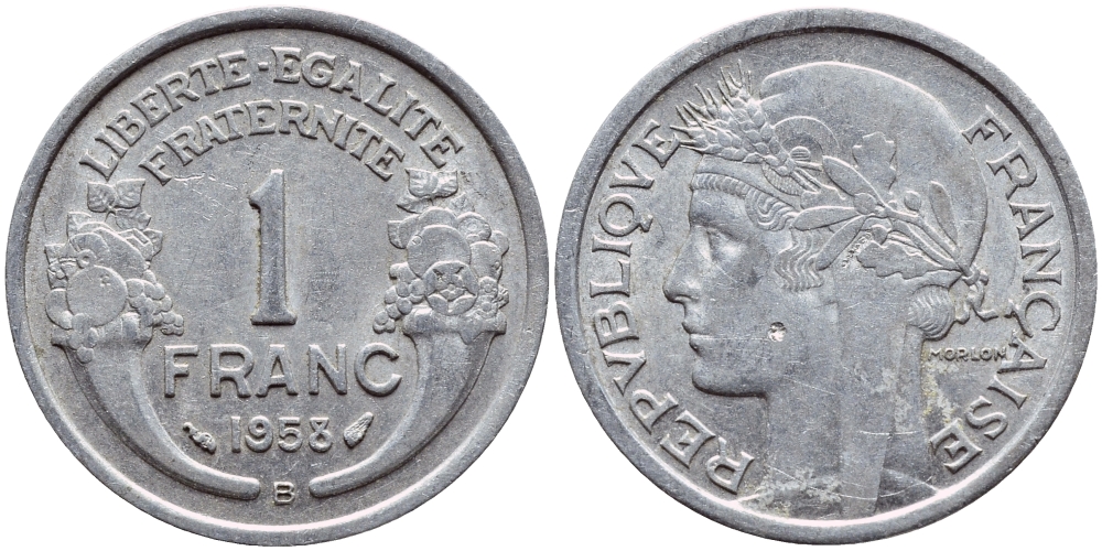 ФРАНЦИЯ 1 ФРАНК 1958 В KM 885а.2 алюминий 4397-715