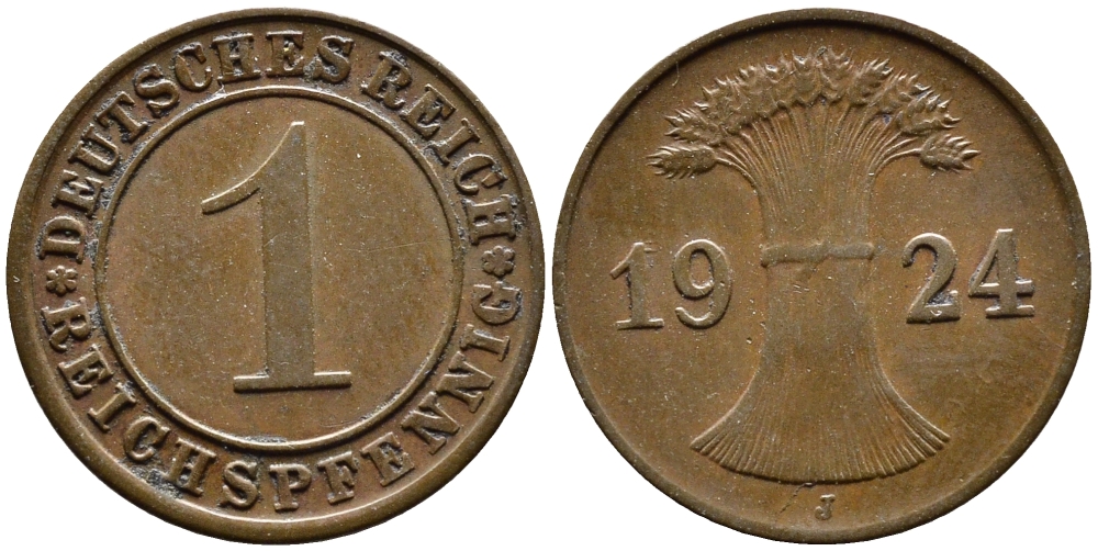 ГЕРМАНИЯ 1 РЕЙХСПФЕННИГ 1924 J KM 37, J.313 бронза 4387-1131