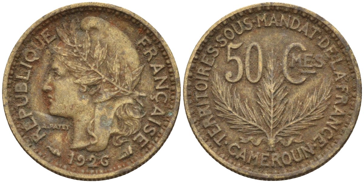 Камерун 50 сантимов 1926 (a), мондвор Париж KM 1 алюминиевая бронза 4164-1247