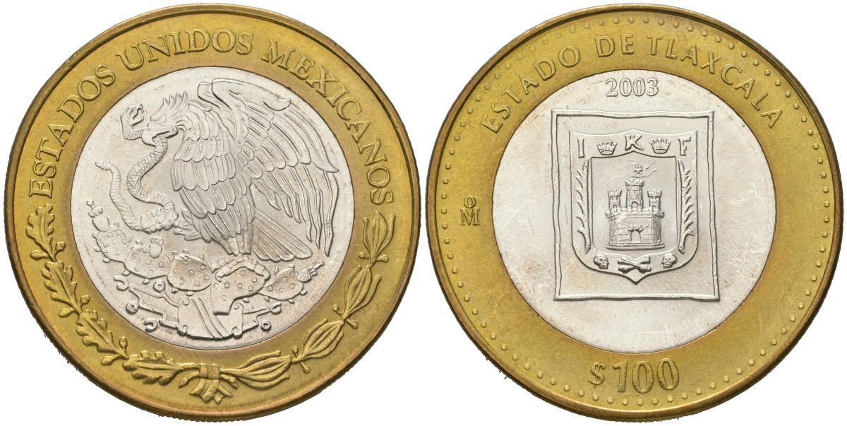 Мексика 100 песо 2003 180 лет Федерации - Тласкала KM 691 биметалл, серебро BU 00-1067-10-61
