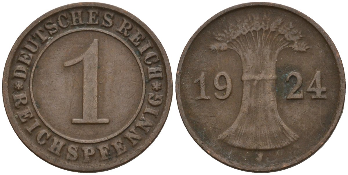 Германия 1 рейхспфенниг 1924 J KM 37, J. 313 бронза 4516-267