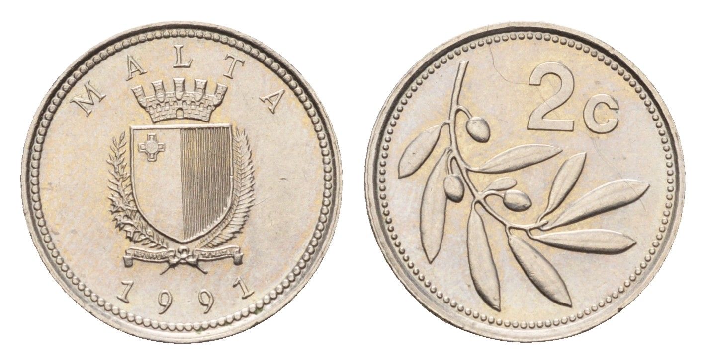 Мальта 2 цента 1991 оливковая ветвь KM 94 медно-никель UNC 4655-155