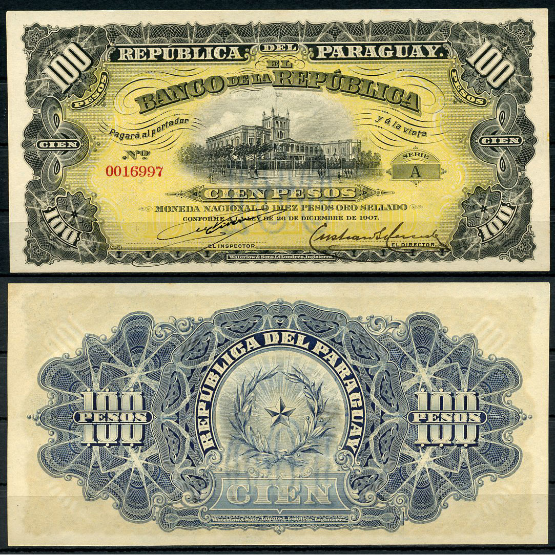 Парагвай 100 песо 1907 серия А, дворец Лос Лопес, Асунсьон Pick 159 (3)  бумага  UNC (пресс) 451-72-1