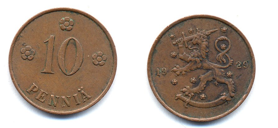 Финляндия 10 пенни 1929 республика (1918-1962) KM 24 медь 51-5315
