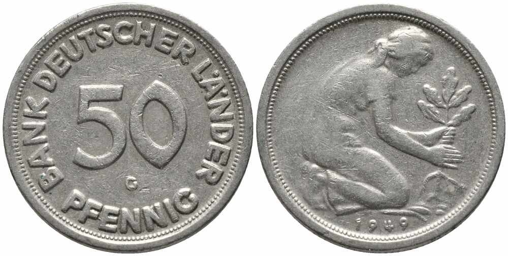 ФРГ 50 пфеннигов 1949 G KM 104, J. 379 медно-никель 112-163