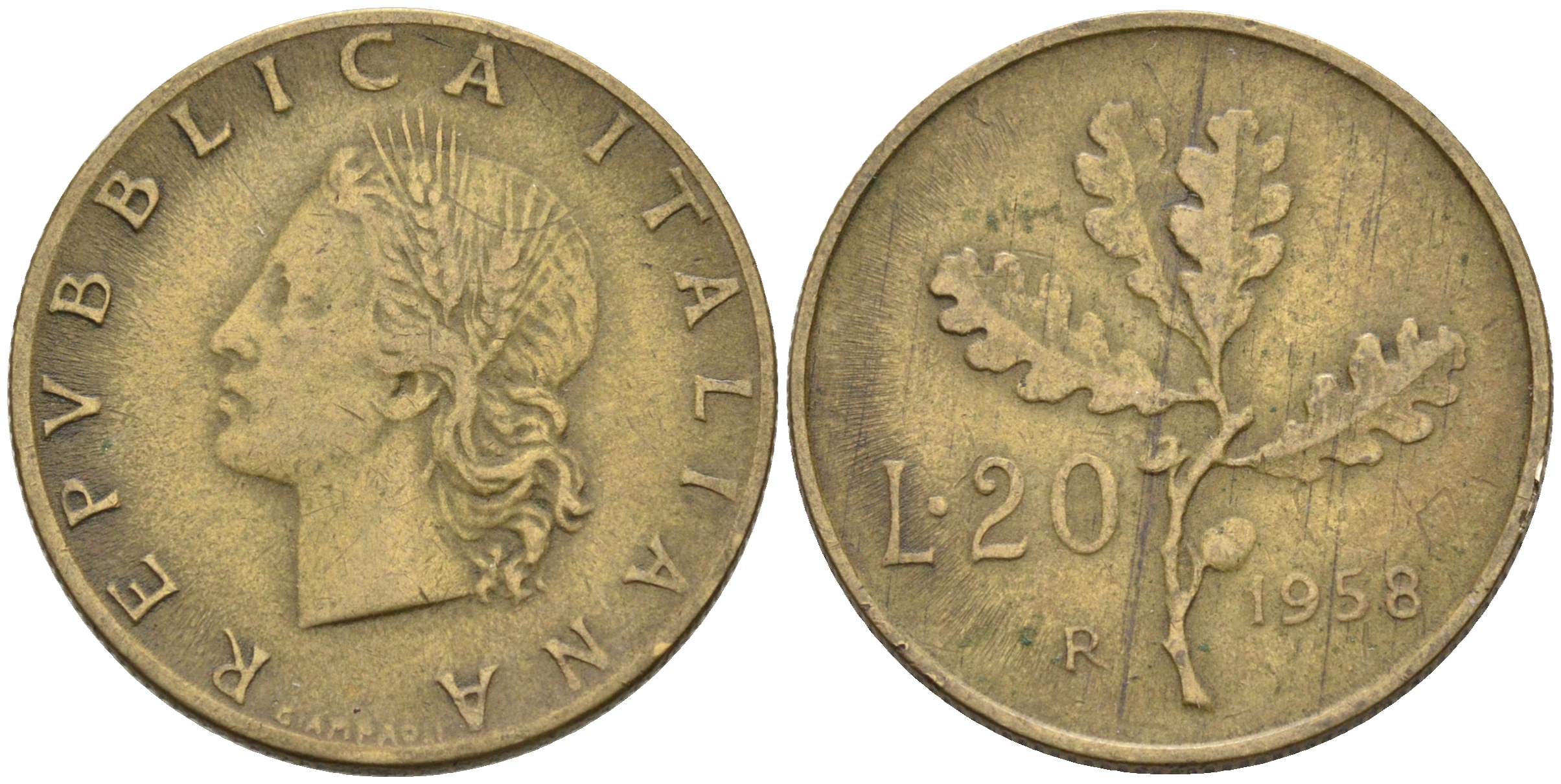 ИТАЛИЯ 20 ЛИР 1958 R ДУБОВАЯ ВЕТВЬ KM 97.1 алюминиевая бронза 4589-643