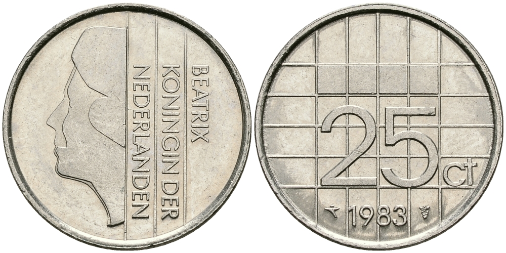 НИДЕРЛАНДЫ 25 ЦЕНТОВ 1983 БЕАТРИКС KM 204 никель 96-267