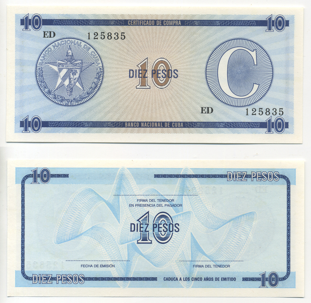 Куба, валютный сертификат 10 песо ND серия C, второй выпуск, голубая Pick FX 22 бумага UNC (пресс) 7485-24-2