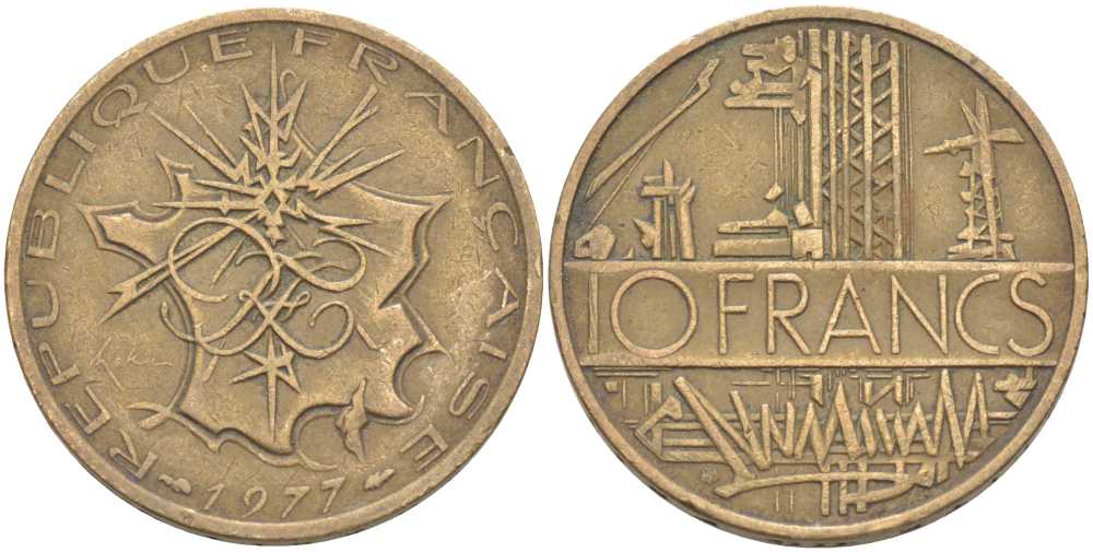 Франция 10 франков 1977 тип Матье KM 940, Le Franc 365.9-10 никель латунь 111-946