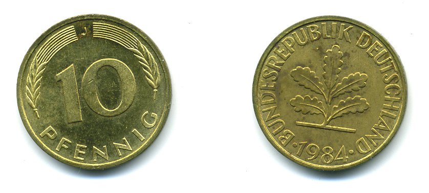 ФРГ 10 ПФЕННИГОВ 1984 J KM 108, J.383 сталь плакированная латунью 46-1443