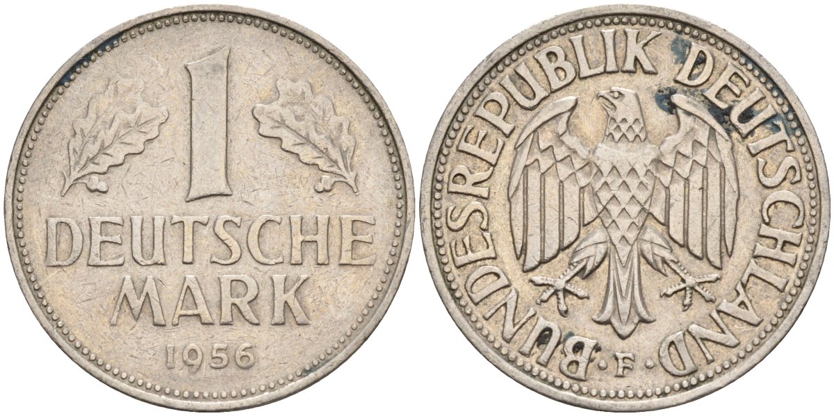 ФРГ 1 марка 1956 F KM 110, J. 385 медно-никель 4177-842