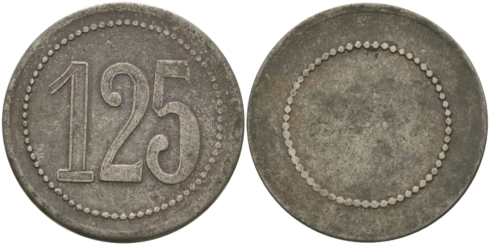 ФРАНЦИЯ 125 САНТИМОВ ND ПЛАТЕЖНЫЙ ЖЕТОН НАЧАЛА XX ВЕКА, ЦИФРЫ НОМИНАЛА 12 ММ., ДИАМЕТР 24 ММ. белый металл 98-1043