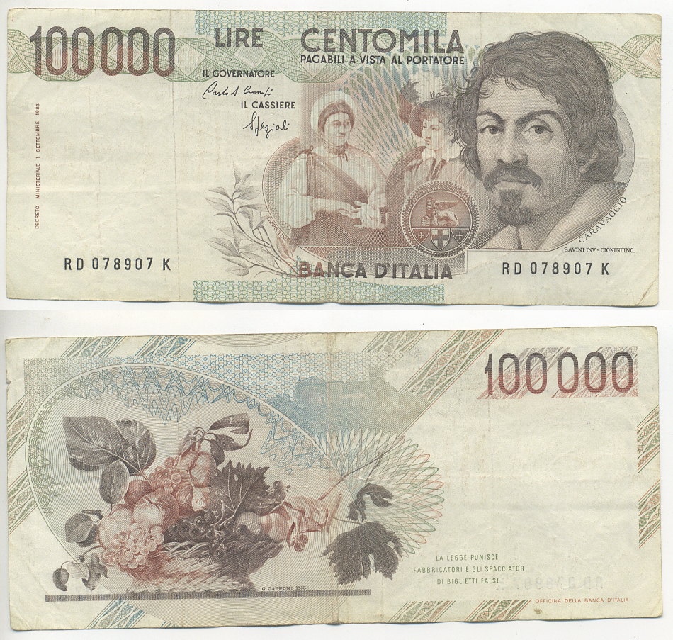 Италия 100000 лир 1983 Караваджо, фруктовый букет, подпись Speziali Pick 110b бумага 7220-9-2