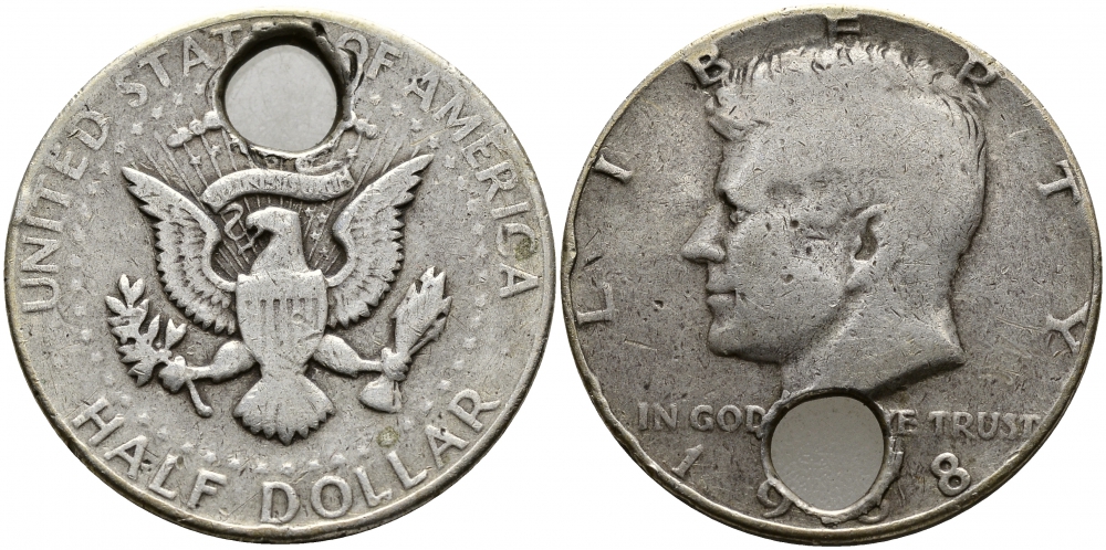 США 1/2 доллара (50 центов) 1968 Джон Кеннеди, сквозное отверстие KM 202a серебро 4389-411