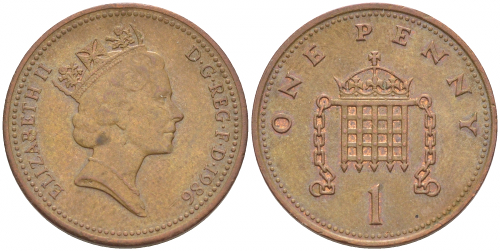 Великобритания 1 пенни 1986 Елизавета II (1952-2022) KM 935, Spink 4381 (B3) бронза 3955-524