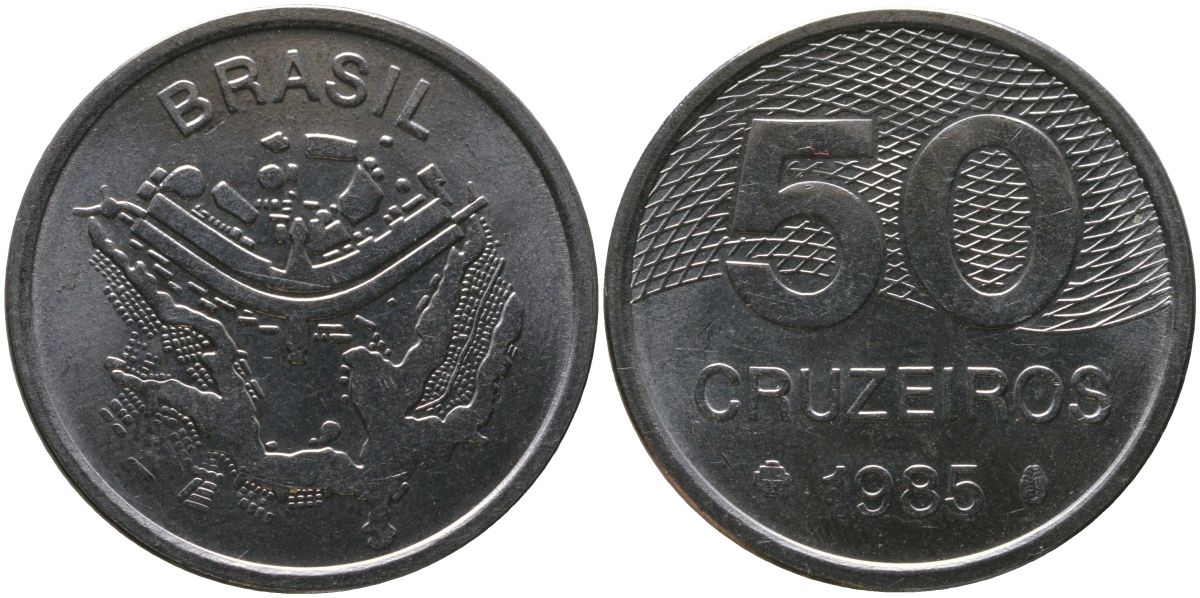 Бразилия 50 крузейро 1985 KM 594.1, Schon 103 нержавеющая сталь aUNC 4519-451