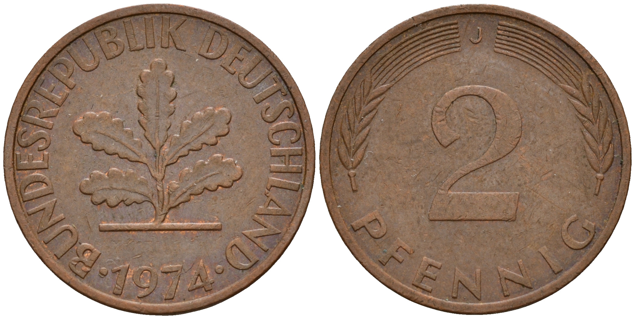 ФРГ 2 пфеннига 1974 J J.381a, KM 106a сталь плакированная медью    4598-823