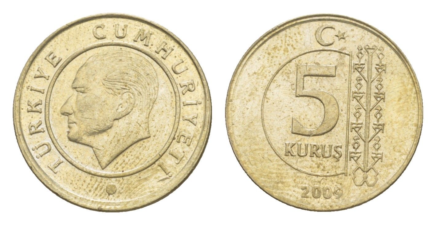 Турция 5 курушей 2009 Кемаль Ататюрк KM 1240 медь цинк никель 4649-718