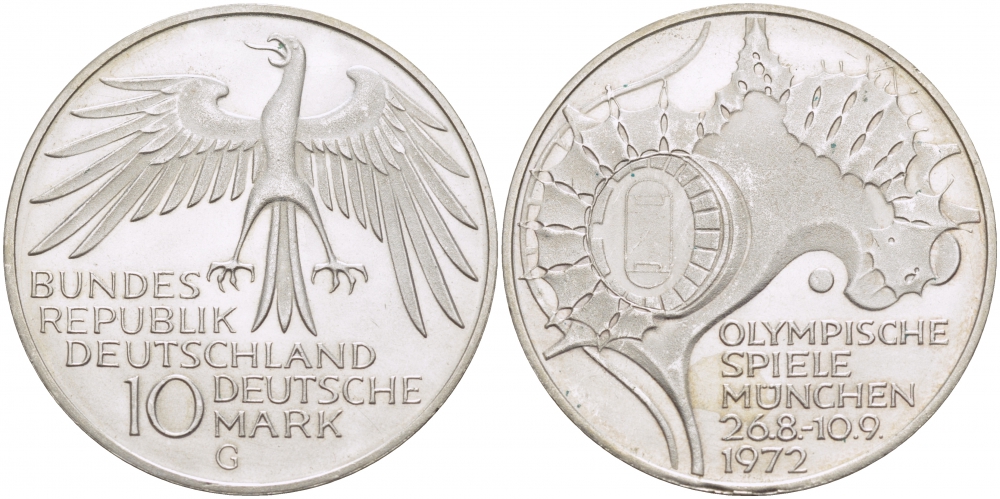 ФРГ 10 МАРОК 1972 G, ОЛИМПИАДА, СТАДИОН KM 133, J.404 серебро UNC 3457-344