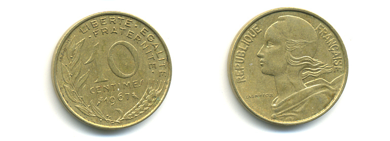 ФРАНЦИЯ 10 САНТИМОВ 1967 ТИП MARIANNE KM 929 медь алюминий никель 86-1724