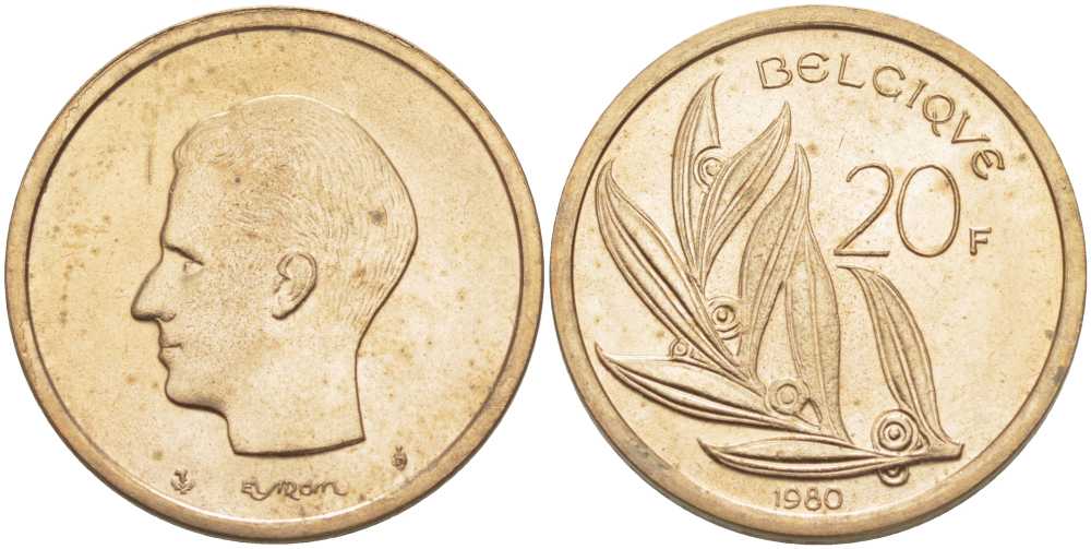 Бельгия 20 франков 1980 Belgique, Бодуэн I (1951-1993) KM 159 никель бронза UNC 213-633