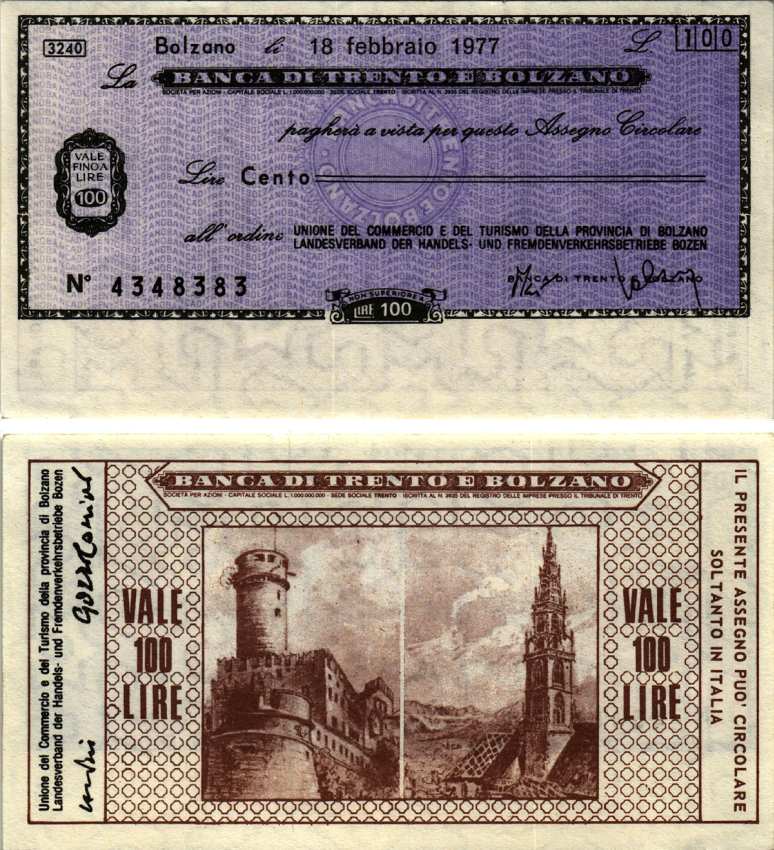 Италия 100 лир 1977 18 февраля 1977 Banco Di trento e bolzano бумага UNC (пресс) 7222-63-2-2