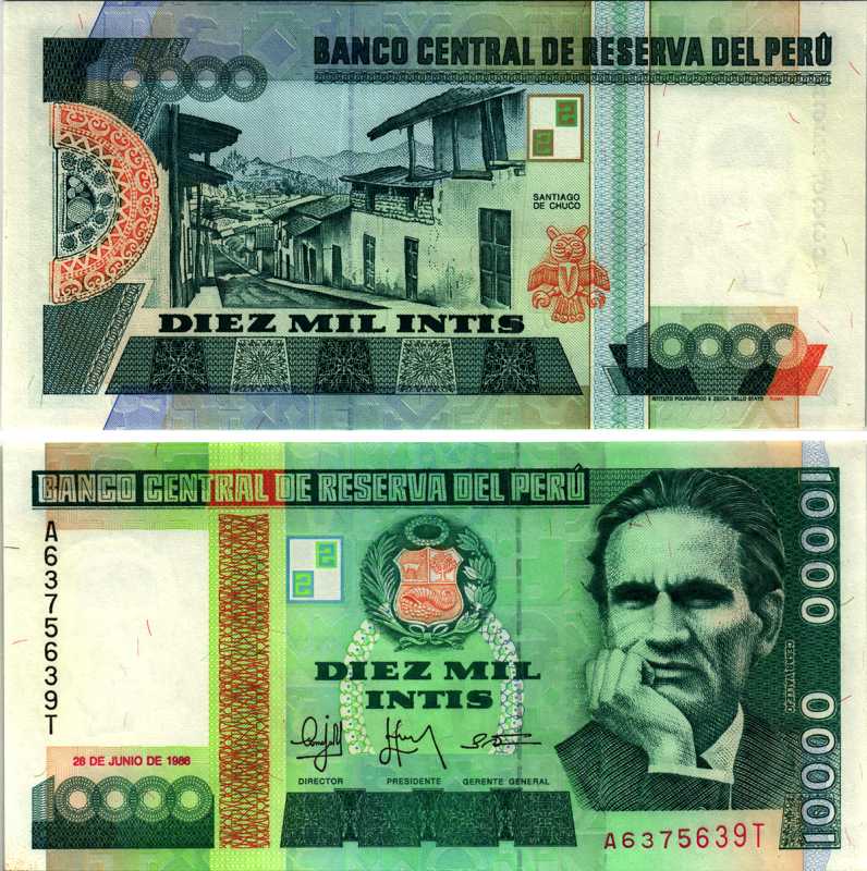 ПЕРУ 10000 ИНТИ 1988 IPS-ROMA, 28 ИЮНЯ 1988, СЕСАР ВАЛЬЕХО ПЕРУАНСКИЙ ПОЭТ Pick 140 бумага UNC (ПРЕСС) 7219-35-3