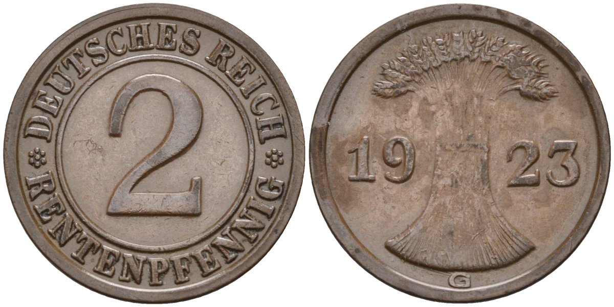 Германия 2 рентенпфеннига 1923 G, выпуск 1924 года KM 31, J.307, Weege 3 медь 4584-613