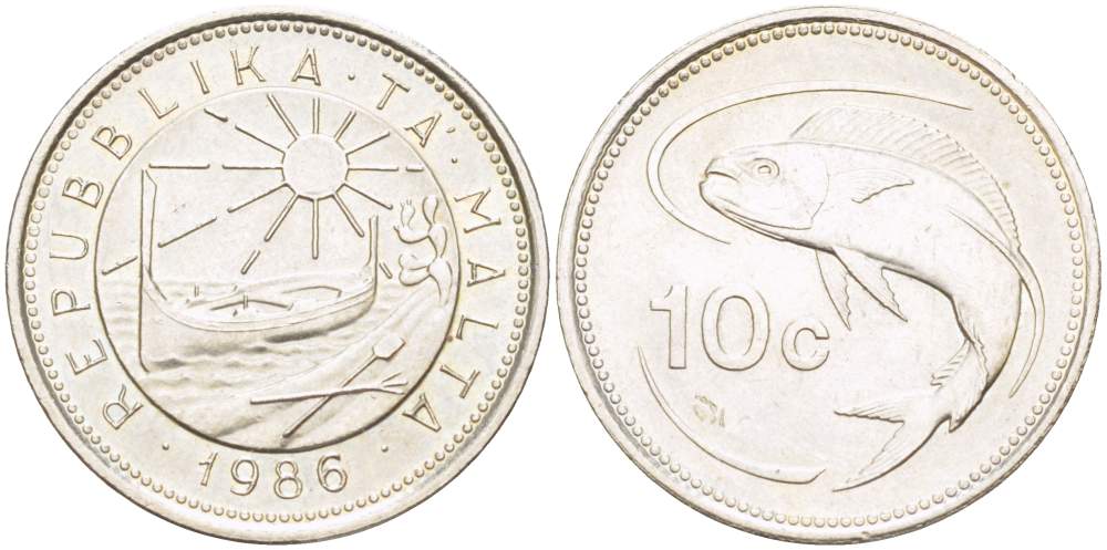Мальта 10 центов 1986 золотая макрель KM 76 медно-никель 4523-1033