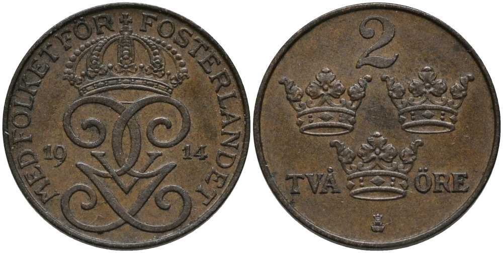 Швеция 2 эре 1914 Густав V (1907-1950) KM 778 бронза 202-623