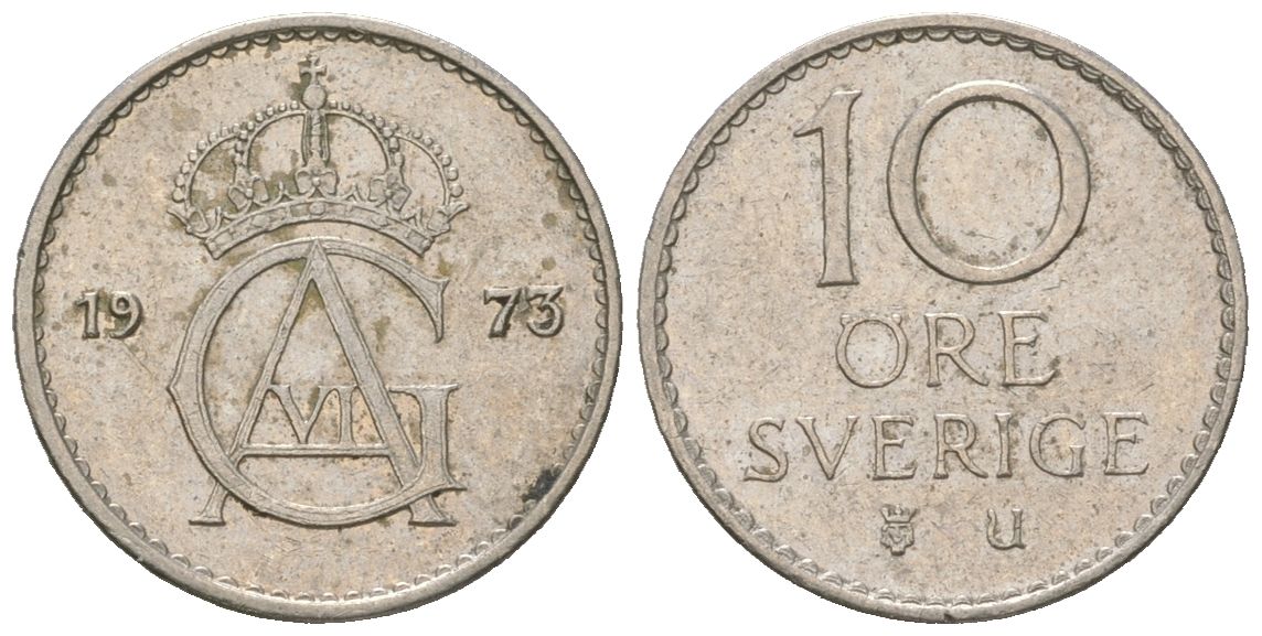 Швеция 10 эре 1973 U, Густав VI Адольф (1950-1973) KM 835 медно-никель 4618-247