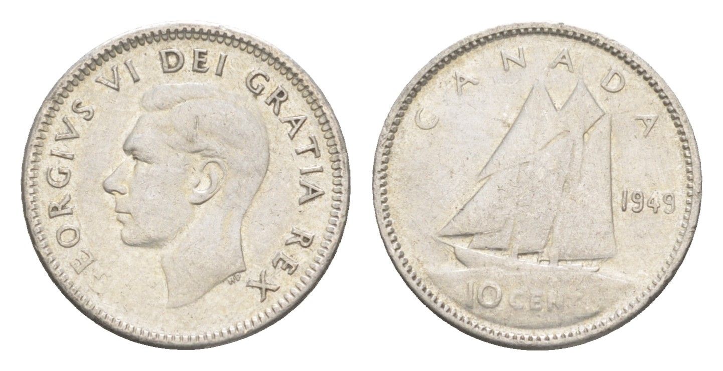 Канада 10 центов 1949 Георг VI (1936-1952), парусник KM 43 серебро 4651-343