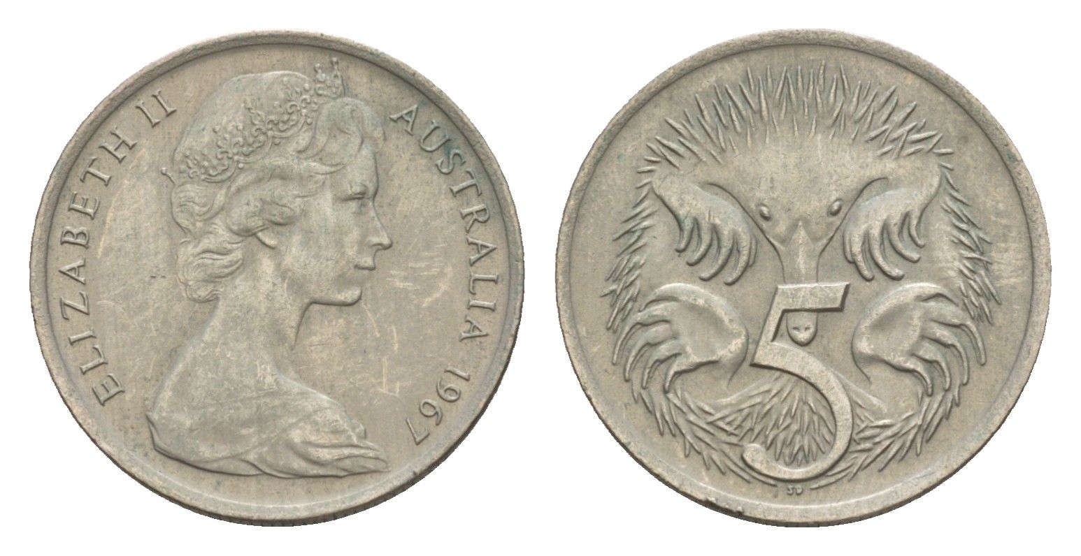 Австралия 5 центов 1967 Елизавета II (1952-2022) молодой портрет, ехидна KM 64 медно-никель 4655-1256
