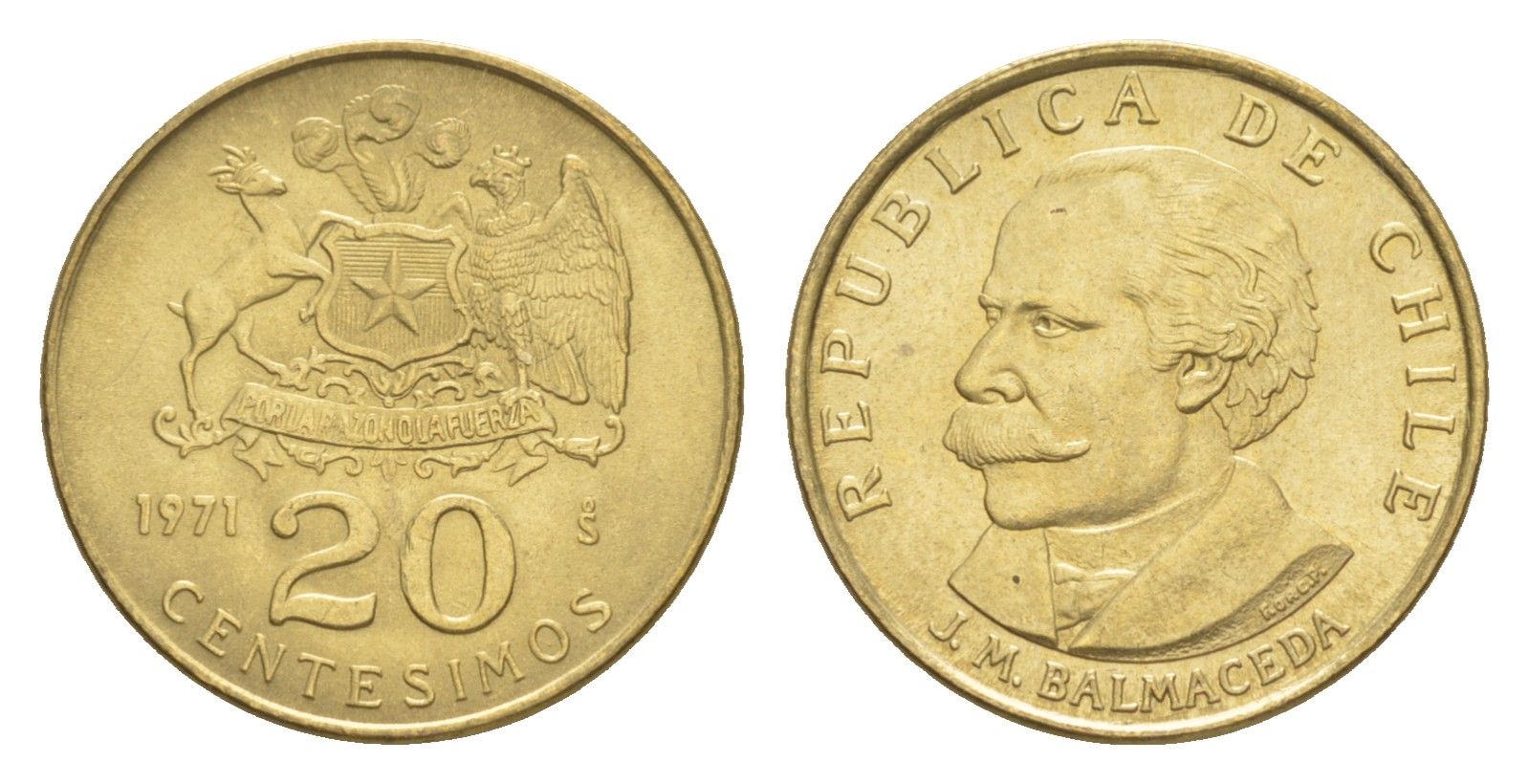 Чили 20 сентесимо 1971 KM 195 алюминиевая бронза UNC 4644-1238