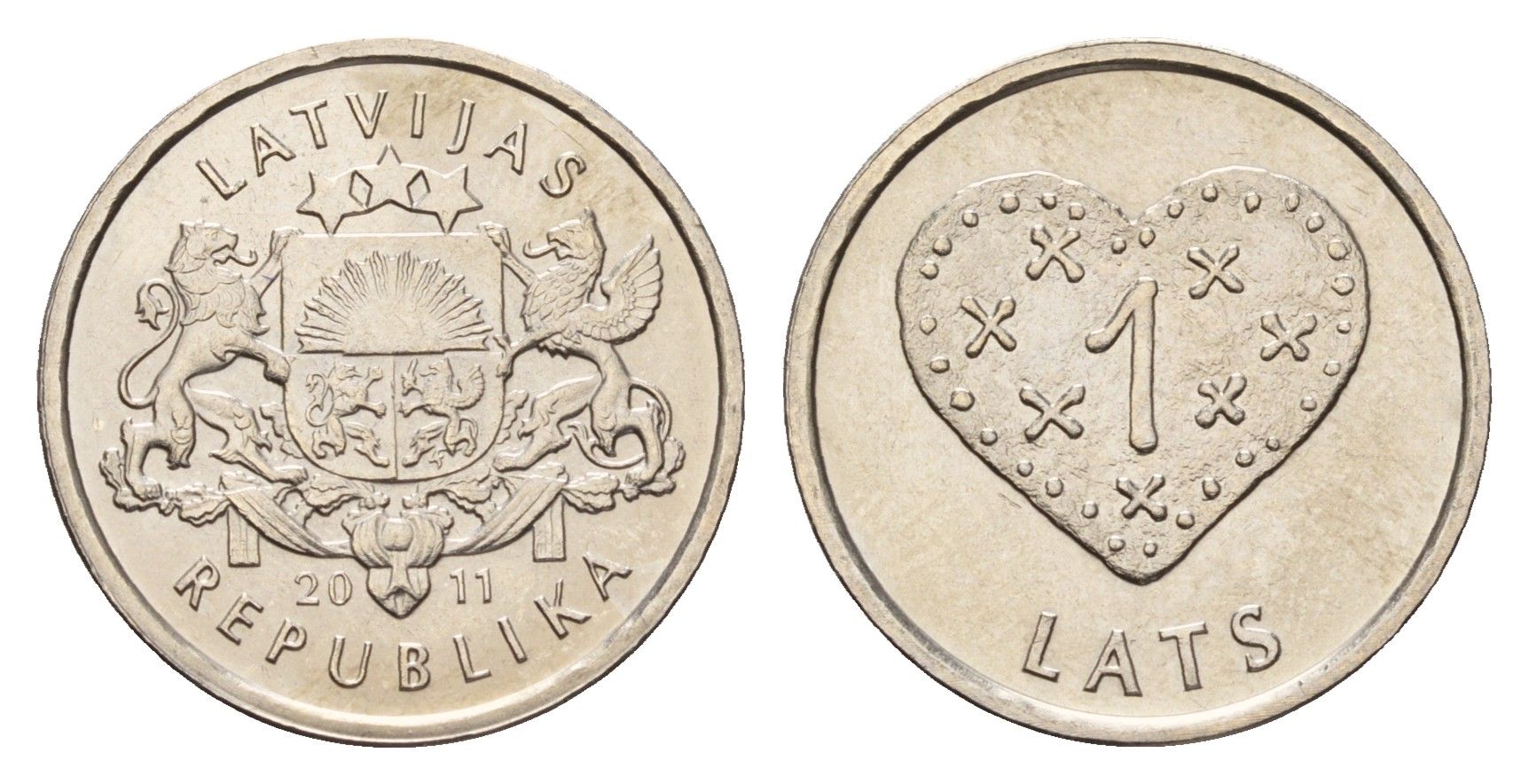Латвия 1 лат 2011 Пряничное сердце KM 127 медно-никель UNC 4679-359