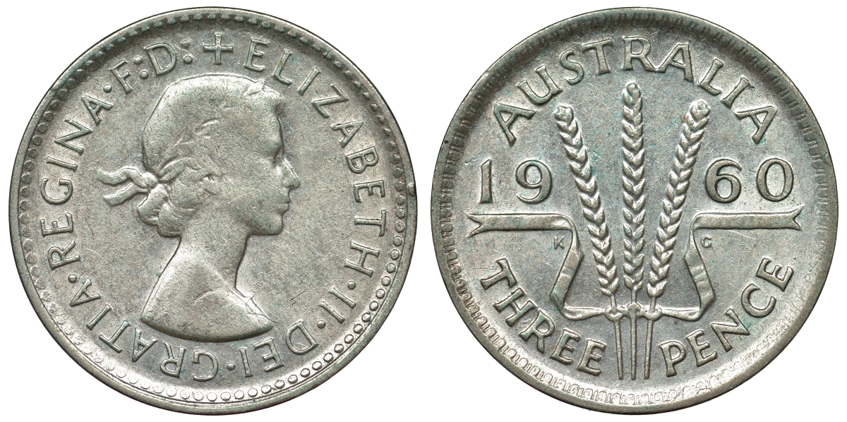 Австралия 3 пенса 1960 m, Елизавета II (1952-2022) KM 57 серебро 71-627