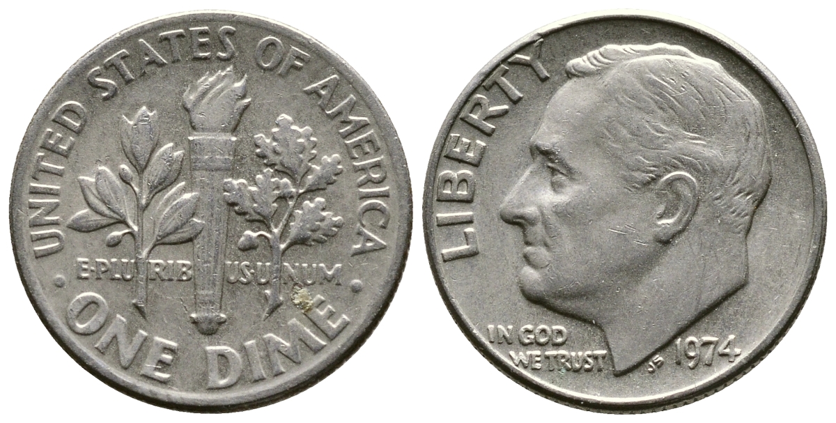 США 10 центов (дайм) 1974 Франклин Рузвельт KM 195а медь плакированная медно-никелем 73-1519