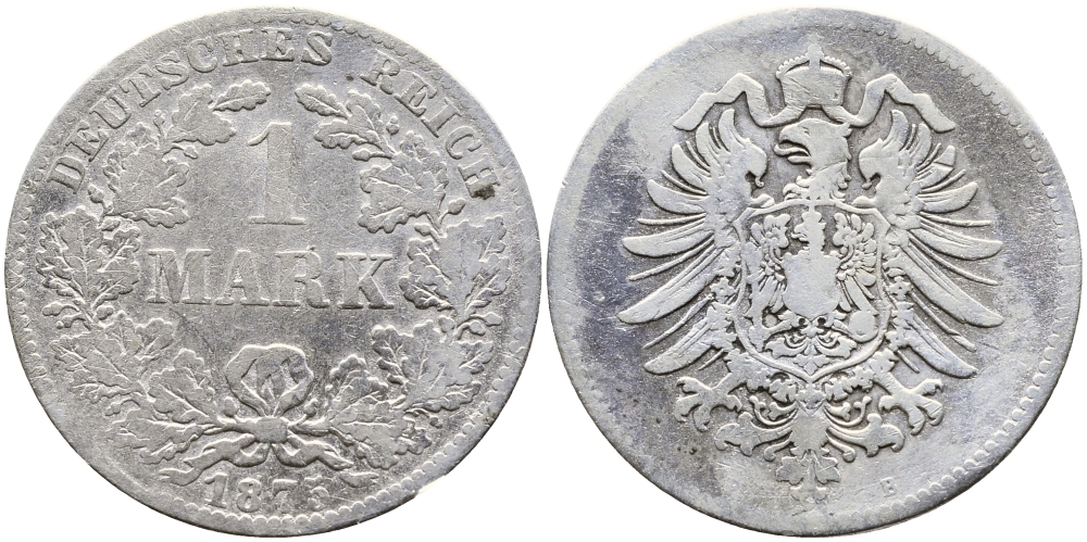 Германия 1 марка 1875 B Weege 17, J. 9, KM 7 серебро 93-325