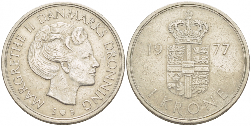 Дания 1 крона 1977 S; B, Маргарете II (1972- ) KM 862.1 медно-никель 213-1222