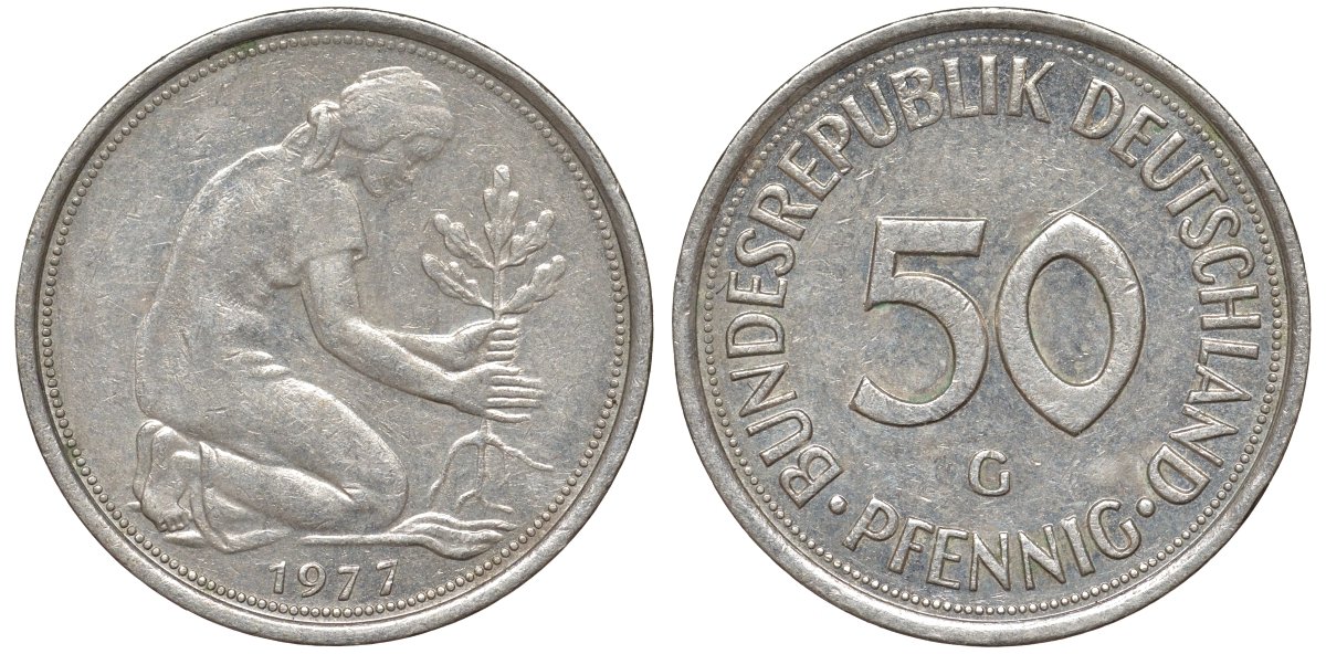 ФРГ 50 пфеннигов 1977 G KM 109, J. 384 медно-никель 4132-653