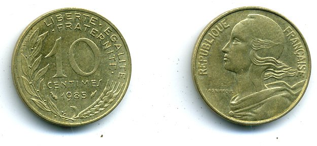 Франция 10 сантимов 1985 тип Марианна KM 929, LE FRANC 144.25 медь алюминий никель 46-328
