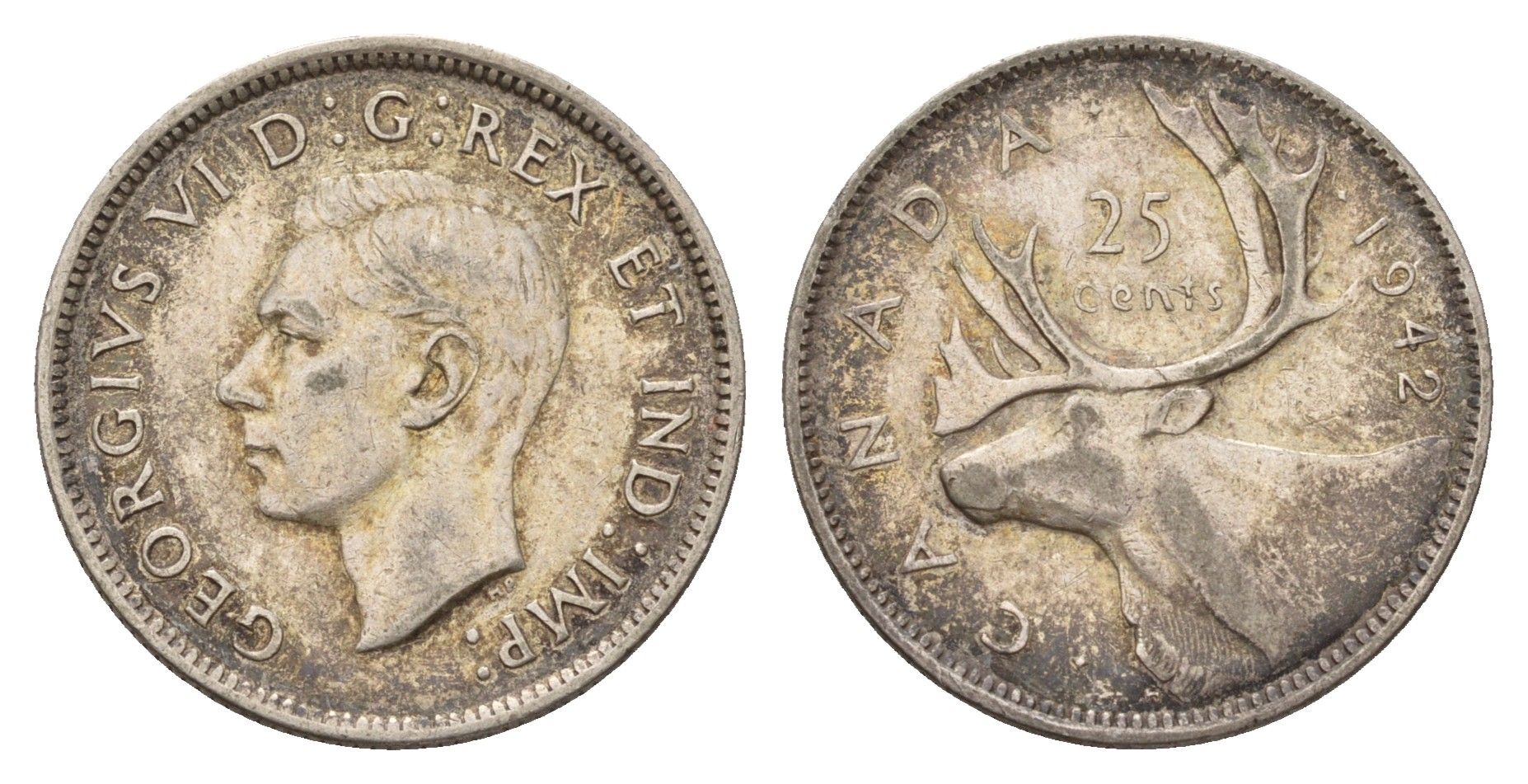 Канада 25 центов 1942 Георг VI (1936-1952), олень KM 35 серебро 181-316