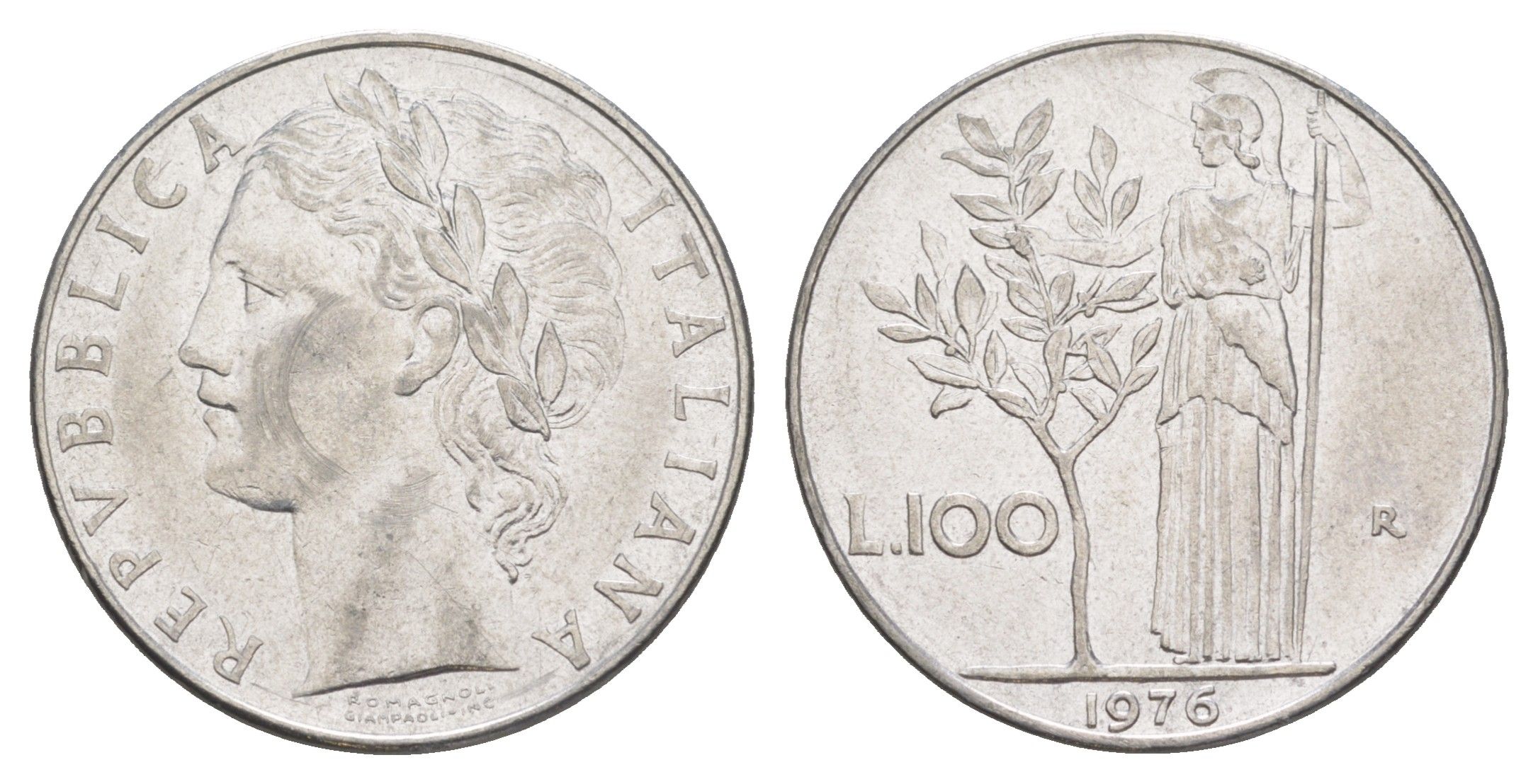 Италия 100 лир 1976 R, Афина у оливкого дерева KM 96.1 нержавеющая сталь 4529-323