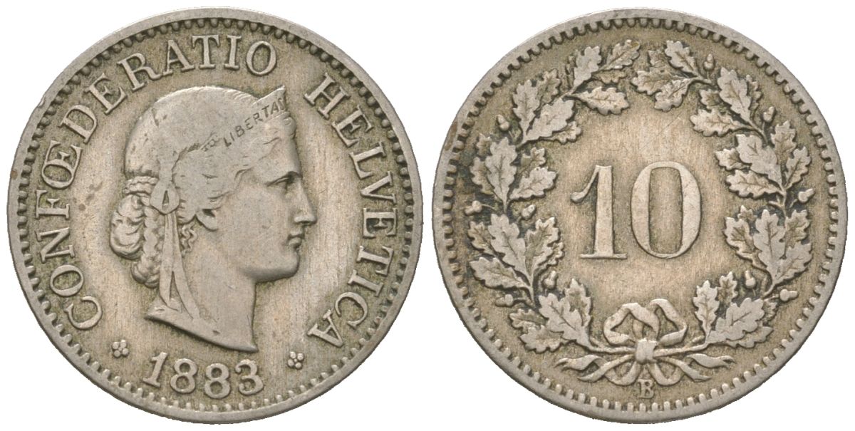 Швейцария 10 раппенов 1883 B KM 27 медно-никель 4164-247