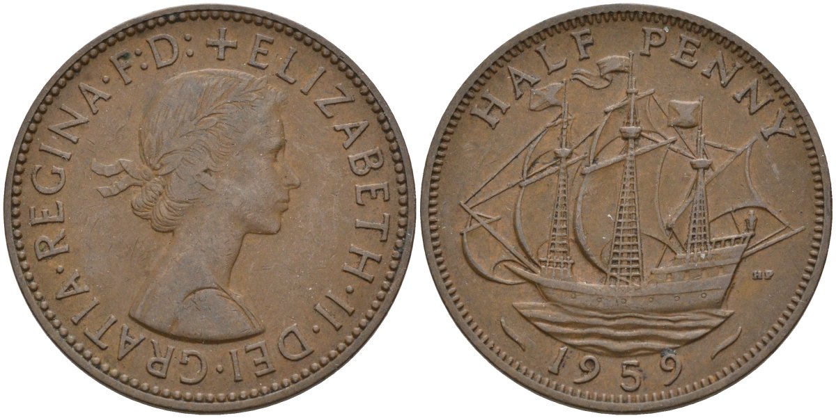 Великобритания 1/2 пенни 1959 Елизавета II (1952-2022) KM 896, Spink 4158 бронза 4146-256